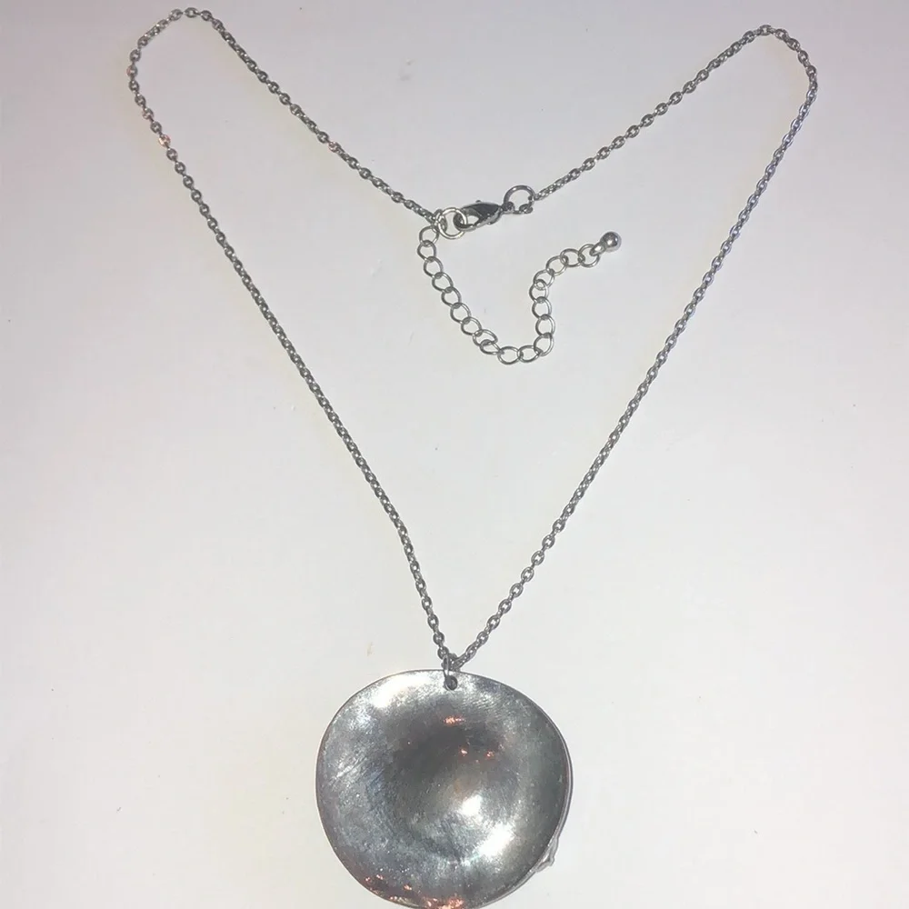 Silver Tone Black Enamel CZ Rhinestone Boho Pendant Necklace